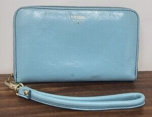 Fossil 1954 Blue Yellow Leather Zip Around Wallet Wristlet Clutch 6.25"X4"